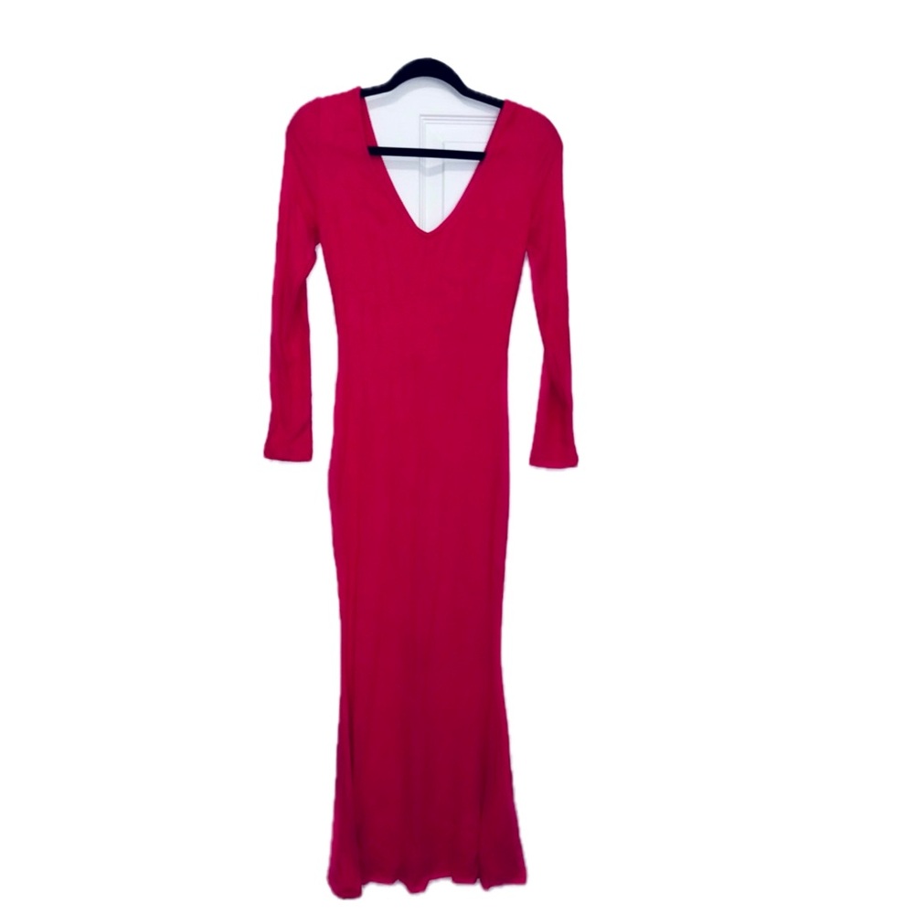 NWOT Hot Pink V Neck Stretchy Rib Knit Mermaid Dress XS-L